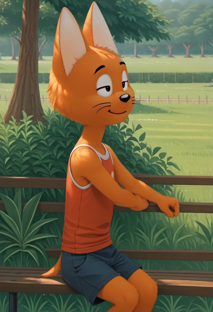 score_9, score_8_up, score_7_up
day time, natural light, detailed sun rays, summer, daytime, highly detailed background, park, break
cat anthro, male cat, orange fur, BREAK
sitting on bench, 3/4 side view, smile