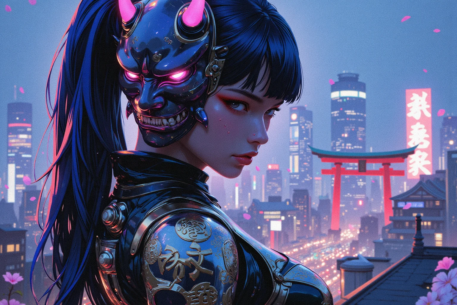 A breathtaking, ultra-detailed close-up of a cyberpunk kunoichi with striking, glowing white eyes, their eerie radiance resembling the hypnotic shimmer of a neon-lit Tokyo night. Her flawless, porcelain-like face is an exquisite blend of **beauty and danger**, framed by sleek, electric-blue hair flowing into an elegant high ponytail. She gazes directly at the viewer with an intense, almost hypnotic expression, exuding confidence and mystery.
A large, intricately designed **hannya mask** rests on the side of her head, covering half of her face. Its digital surface flickers between transparency and a menacing demonic visage, shifting between ancient folklore and futuristic technology. The mask's neon-lit horns pulse faintly, as if infused with hidden power.
She wears a **high-tech, form-fitting bodysuit** infused with glowing cybernetic elements—crafted from nanofiber plating yet textured like woven silk. Luminous patterns resembling ancient **Japanese calligraphy** flow across her sleeves, dynamically shifting between protective spells and encoded messages. A **cybernetic samurai-style shoulder guard**, engraved with golden circuitry, glows subtly against the neon haze. Her left arm is fully cybernetic, constructed from **obsidian-black alloy**, its sleek, mechanical fingers adorned with glowing kanji tattoos symbolizing strength and resilience.
She stands **facing forward** on a sleek, rain-slicked rooftop in **Neo-Tokyo**, her glowing armor bathed in the radiant hues of holographic billboards behind her. Towering red **torii gates**, repurposed as neon-lit entryways to digital shrines, cast an ethereal glow through the foggy skyline. Enormous holographic **koi fish** glide gracefully in the distance, swimming through cascading rivers of **data streams** projected from floating megastructures.
A gentle rain falls over the **cybernetic metropolis**, each droplet catching the neon glow before vanishing into the slick rooftop, forming a **dreamlike cybernetic ukiyo-e painting**. **Bioluminescent cherry blossom petals** drift through the air, illuminated by the city’s vibrant neon pulse. Her smirk is subtle yet commanding—a silent promise of **unmatched skill and power** in the underworld of this digital dystopia.
A stunning fusion of **traditional Japanese aesthetics and cyberpunk futurism**, captured in **ultra-detailed, hyper-realistic 8K resolution**. **Cinematic lighting, neon-drenched atmosphere, breathtaking visuals, infused with deep Japanese cyberpunk lore.**
Art in the style of Yomu_Yakadashi.
EpicGorgeousDetails, cinna flow, 8k detailed neon themed digital illustration style, 8uartz4r4