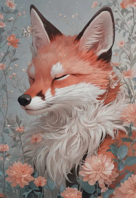 Score_9, score_8_up, score_7_up, score_6
(dim lighting, light particles, highres, closed_mouth:1.4, absurdres)
Fl0ralD0lls solo, closed eyes, flower, artist name, signature, no humans, animal, leaf, white flower, fox, sleeping, plant, red flower, pink flower, yellow flower, realistic, animal focus, orange fur, whiskers
