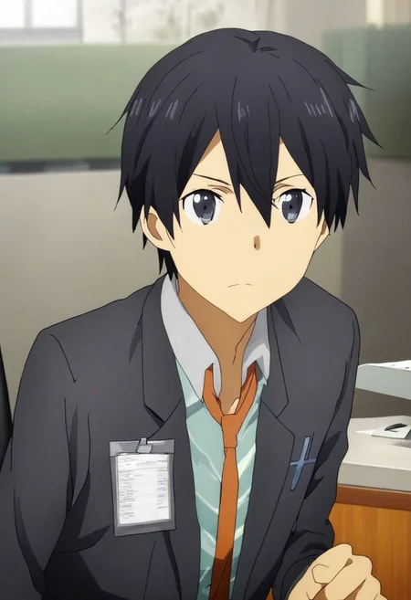 high resolution, solo, best quality, 1Boy, Kazuto Kirigaya, Black Hair, Black Eyes, suit, worklife, workspace, OverallDetail