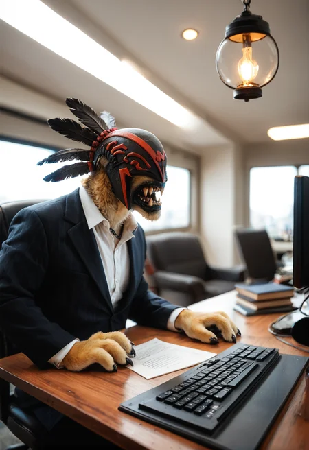 <lora:Bloodseeker_v3:1> bloodseeker_v3,
no human, dog, furry, furry boy, dog boy,
fur on body, fur, yellow fur,
paws with black claws,
black feathers,
teeth, sharp teeth, fangs,
mask
helmet, gloves,
muscular,
grin,
gog tail,
A necklace of fangs,
portrait, score_9, score_8_up, score_7_up, score_6_up, derpibooru_p_95,
blur censor, blurry, blurry background, blurry foreground, bokeh, motion blur,
chromatic aberration, depth of field, figure, focused, focus
photography, realistic sun light and shadows, photorealism, UHD --ar 9:16 --style raw --stylize 700,
solo,
business suit, (Office)), office, indoors, window, chair, table, scenery, ceiling, , floor, glass wall, monitor, keyboard, book, flower,dramatic lighting, panel, sofa, screen, lamp, vent, dramatic lighying,