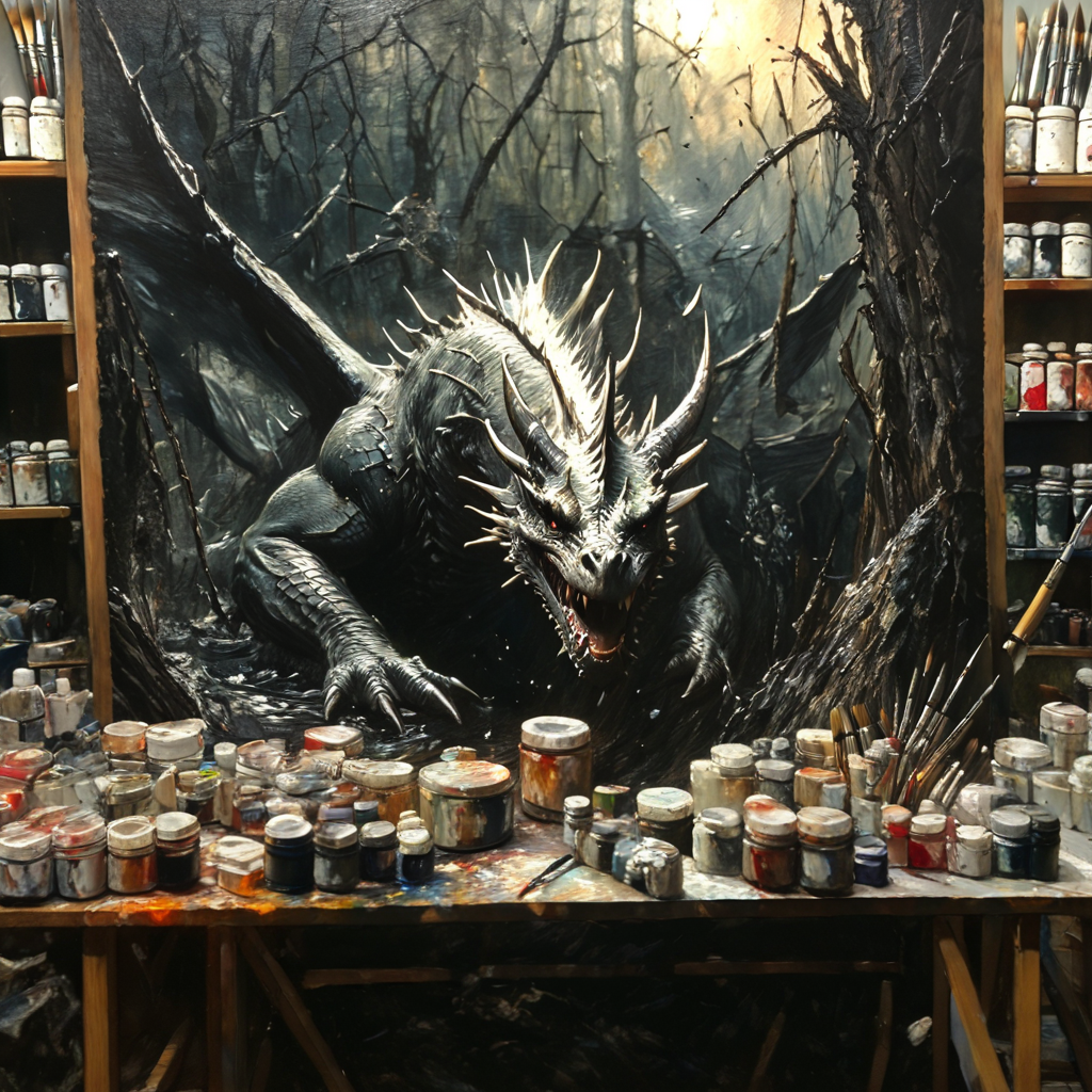 oneironartifex onefex a painting in a painting studio, dragon, darkness, very detailed<lora:oneironartifex:1.2>