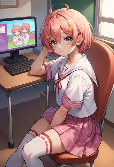 score_9, score_8_up, source_anime, 1girl, solo, MikoSchool, ahoge, short hair, hairclip, school uniform, white shirt, sailor collar, pink skirt, plaid, thighhighs, short sleeves, sitting on chair, indoors, computer, monitor, desk, smile, <lora:CHAR-SakuraMikoPonyXL:1>
