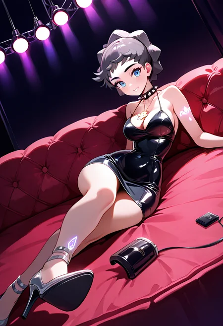 masterpiece, best quality,  curvy, beautiful eyes, narrow waist, wide hips, smile, looking at viewer, dynamic angle, foreshortening, close up,    zzDiantha, diantha (pokemon), blue eyes, grey hair, short hair, makeup, eyeshadow,  <lora:DianthaPokemon_IXL:1.0>  [Midnight Demon Club], Black latex dress, silver heels, glowing tattoos, spiked choker, Reclining in a velvet nightclub lounge under pulsing lights, exuding dark glamour and mystery.