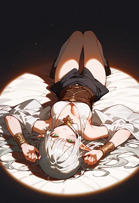 <lora:spotlight:1.2>, spotlight, 1girl, lying, on back, full body, elf,, (score_9,score_8_up,score_7_up,score_6_up,score_5_up,score_4_up),