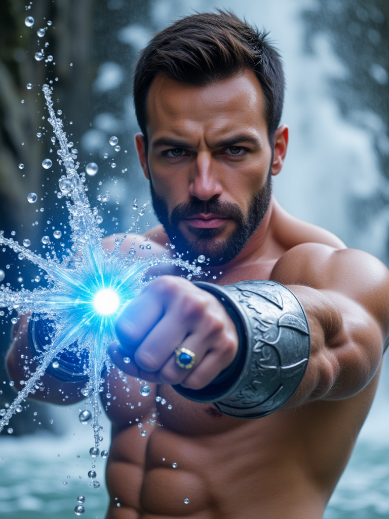 Zafer has brown eyes. He is an attractive man and is muscular. wearing single glowing magic ring with set sapphire, punching forward fist with ring, close up facing camera, shirtless, manly adult man mage casting water explosion spell, wearing skimpy intricate silver armor, facial stubble,very hairy body, armored, angry, screaming loud, , fade, dramatic, dynamic, masterpiece, fantasy concept art, magic, abstract, surreal, extravagant, fantasy, water butterflies, splashes, detailed art, vivid, vibrant, waves, flowing water, water magic, bubbles, drops, splashes, color scheme blue and white, circle, best quality