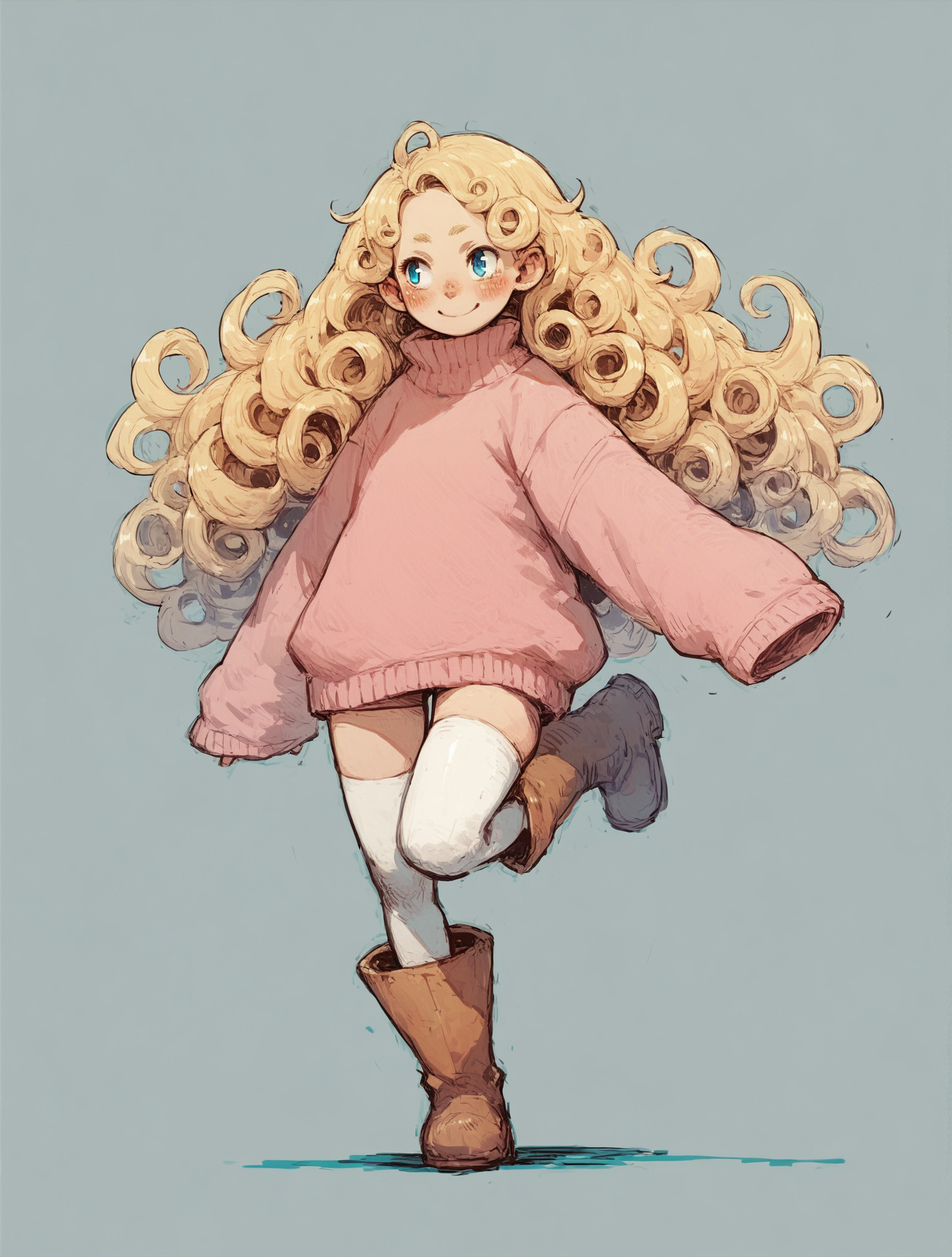 score_9, score_8_up, score_7_up, score_6_up, solo, 1girl, standing on one leg, long hair, blonde hair, curly hair, blue eyes, blush, smile, pink sweater, oversized clothes, sleeves past wrists, boots, white thighhighs, sketch, hatching \(texture\), <lora:momochichi:1>