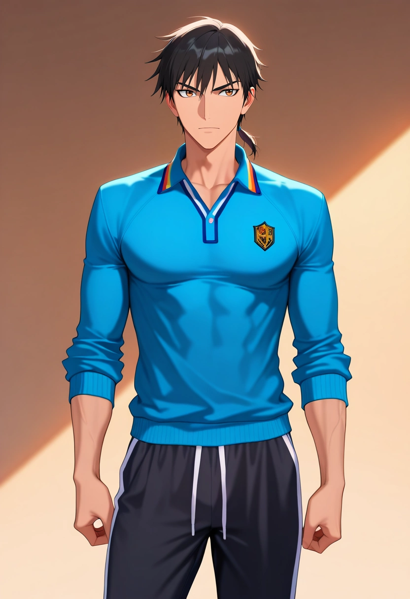 masterpiece, best quality, , , , , 1boy, solo, male focus, <lora:xin_kingdom_ilxl:0.9>, xin_kingdom, black hair, brown eyes, short hair, low ponytail, , , , Sweatpants, Polo sweater, Espadrilles, , and