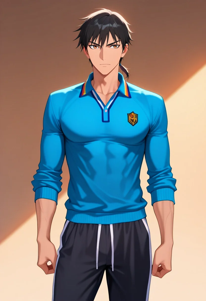 masterpiece, best quality, , , , , 1boy, solo, male focus, <lora:xin_kingdom_ilxl:0.9>, xin_kingdom, black hair, brown eyes, short hair, low ponytail, , , , Sweatpants, Polo sweater, Espadrilles, , and