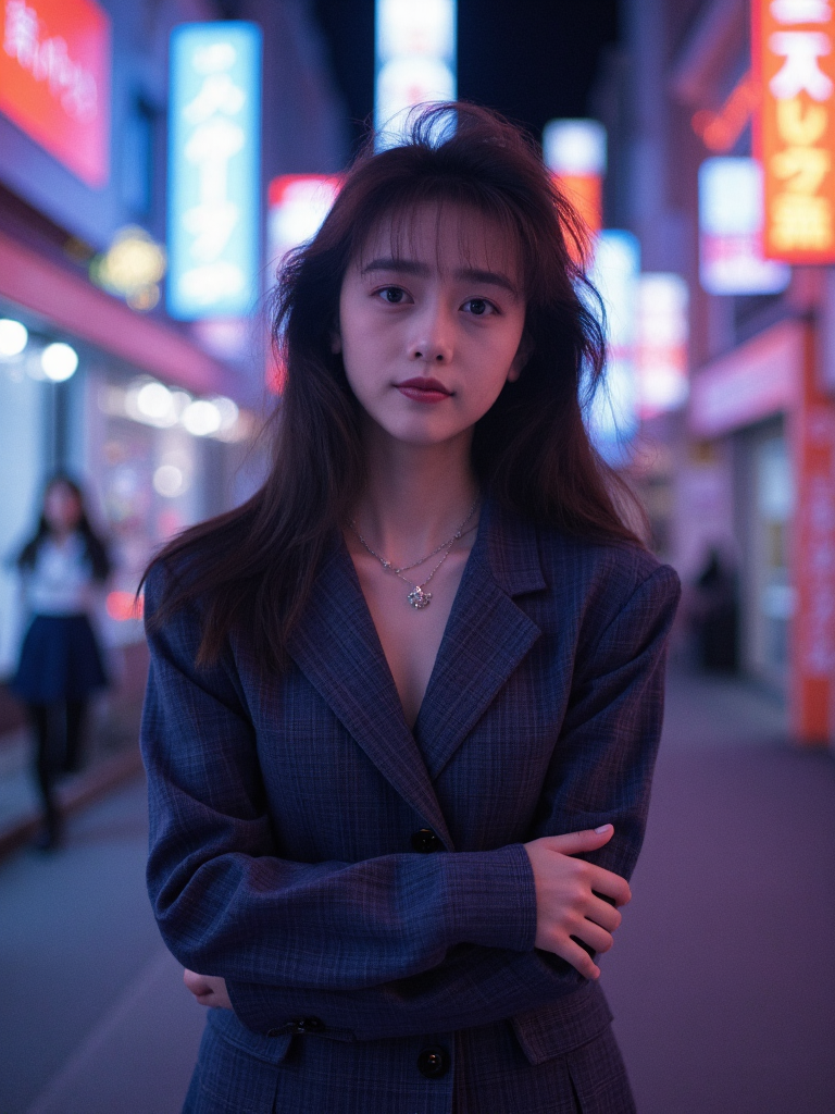 There are wonderful studio lights and various reflections,her thin face is very delicate,
18yo beautiful cute girl with blushing and female orgasm.skin naturally showing the texture of blood vessels and detailed pale skin,(looking at viewer:1.2),
--,full body,
<lora:Kudo_Shizuka_f1_rank2_bf16:0.8>,she is Kudo Shizuka,
--, a sweet Japanese schoolgirl in a stylish modified school uniform, standing in the neon-lit night streets of Akihabara, upper-body view from the front, arms crossed slightly under her chest, playful smirk, open collar revealing subtle cleavage, glowing signs in the background | cyber-pop realism, Japanese urban nightscape, fashion-forward highschool look |
