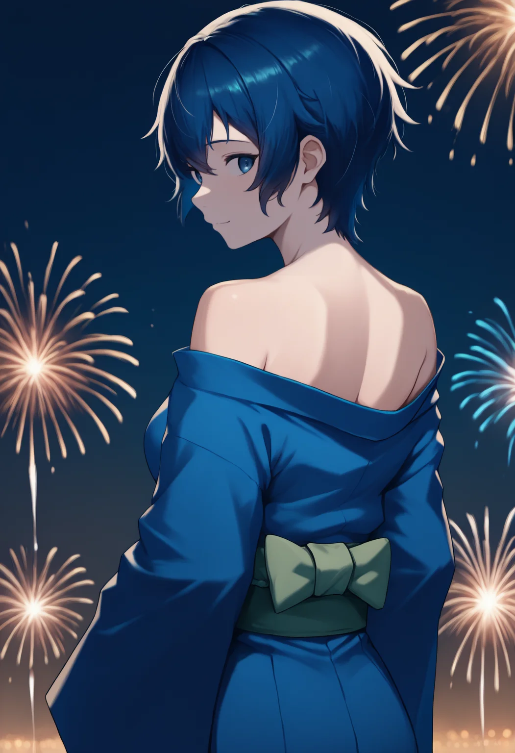 anime, masterpiece, best quality, newest, from behind, solo, 1girl, na0tornd, slight smile, looking back, short hair, blue hair, blue eyes, japanese clothes, blue kimono, off shoulder, green sash, bare shoulders, outdoors, night, fireworks
<segment:yolo-face_yolov8m.pt,0.4,0.5//cid=1>