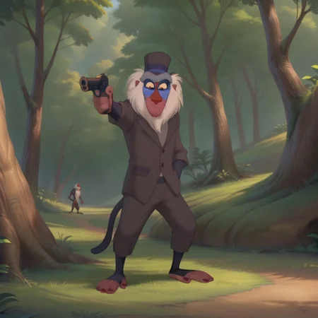 score_9, score_8_up, score_7_up, high quality, masterpiece, detailed, hi res, screencap, furry, Anthro, Rafiki, monkey, mandrill, male, fullbody, outside, forest, monkey feet, male, solo,  2 legs, 2 arms, good anatomy, (smiling:1),  standing, holding weapon, holding gun, handgun, hand in pocket, aiming, proud, nice angle, shaved feet, (good looking monkey feet:1.), light effects, jacket, trousers, top hat, big monkey feet, nice angle, tail, low angle