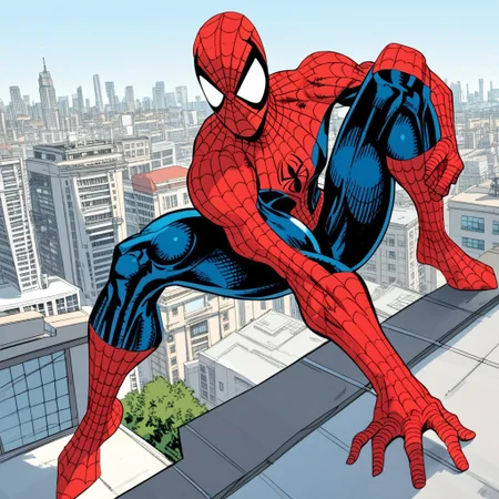 score_9,score_8_up,score_7_up,solo, 1boy, , spider-man,male focus, bodysuit, red bodysuit, superhero,mask,skinny,rooftop,city skyline
