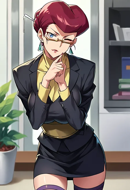 score_9, score_8_up, score_7_up, source_anime, masterpiece, 1girl, ct_sc4rlet, red hair, short hair, hair bun, hair stick, large breasts, semi-rimless eyewear, earrings, black uniform, black pencil skirt, underbust, long sleeves, purple thighhighs, cowboy shot, one eye closed, indoors, looking at viewer, hand on chin,