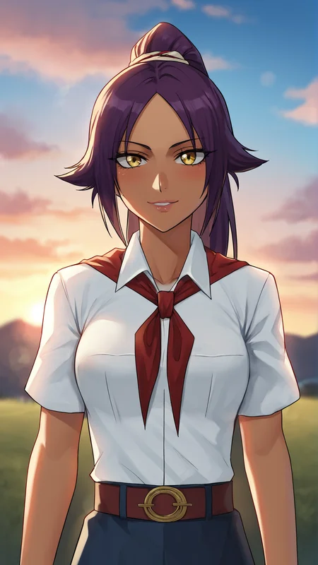 score_9, score_8_up, score_7_up,
best quality, masterpiece, ultra detailed,
looking at the viewer, looking at the camera,
portrait,
light smile, blush,
source_bleach, Yoruichi Shihoin,
black eyeliner cat eye,
pink lips,
white collared shirt, short sleeves, red neckerchief, neckerchief, belt, blue skirt,
sunset, warm light, cozy, sky, clouds,
amazing background, outdoors,
bokeh, blurry, blurry background,
<lora:Everlasting_Summer_Vanilla_Art_Style_by_GraffMetal:1>,