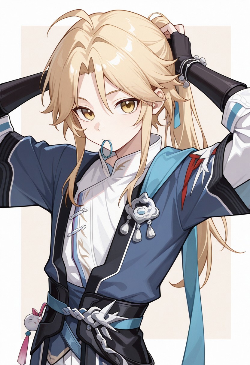 masterpiece,best quality,amazing quality, source_anime, 
Yanqihonk, male focus, 1boy, solo, yellow eyes, tying hair,  mouth hold, hair tie in mouth, arms up, looking at viewer, closed mouth, blonde hair, long hair, ponytail, chinese clothes, shirt, white shirt, kimono, blue kimono, tassel, belt, fingerless gloves, black gloves, white pants