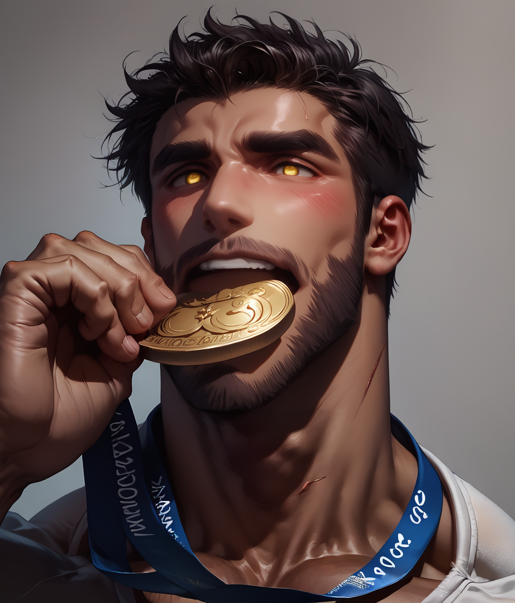 score_9, score_8_up, realistic, rating_questionable, bif,  black hair, grey eyes, thick eyebrows, forked eyebrows, scars on face, bangs, short hair, hair between eyes, messy hair,
<lora:olimedbitepxl:1> biting into Olympic medal, podium, olimedbitepxl
,glossy skin, 1 muscular male, bara, mature, male pubic hair, <lora:egg_leonard-04:.4><lora:style_Concept Art DarkSide Style LoRA_Pony XL v6:1>