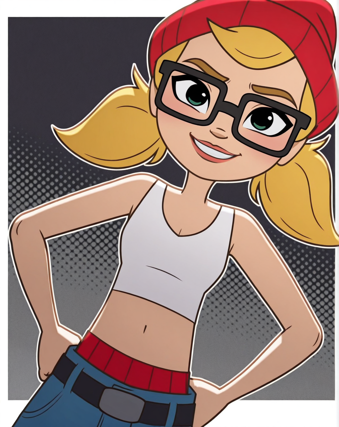 Tricky, 1girl, solo, light skin, green eyes, blonde hair, pigtails, black square glasses, red beanie, white crop tank top, midriff, red underwear, black belt, light-blue jeans, sneakers, (smile, dutch angle, Hands on hips, naughty pose, looking at viewer, solo, dynamic pose, head tilt,),(( dynamic halftone dot background, stylized background, White frame, Square frame, white outline))
