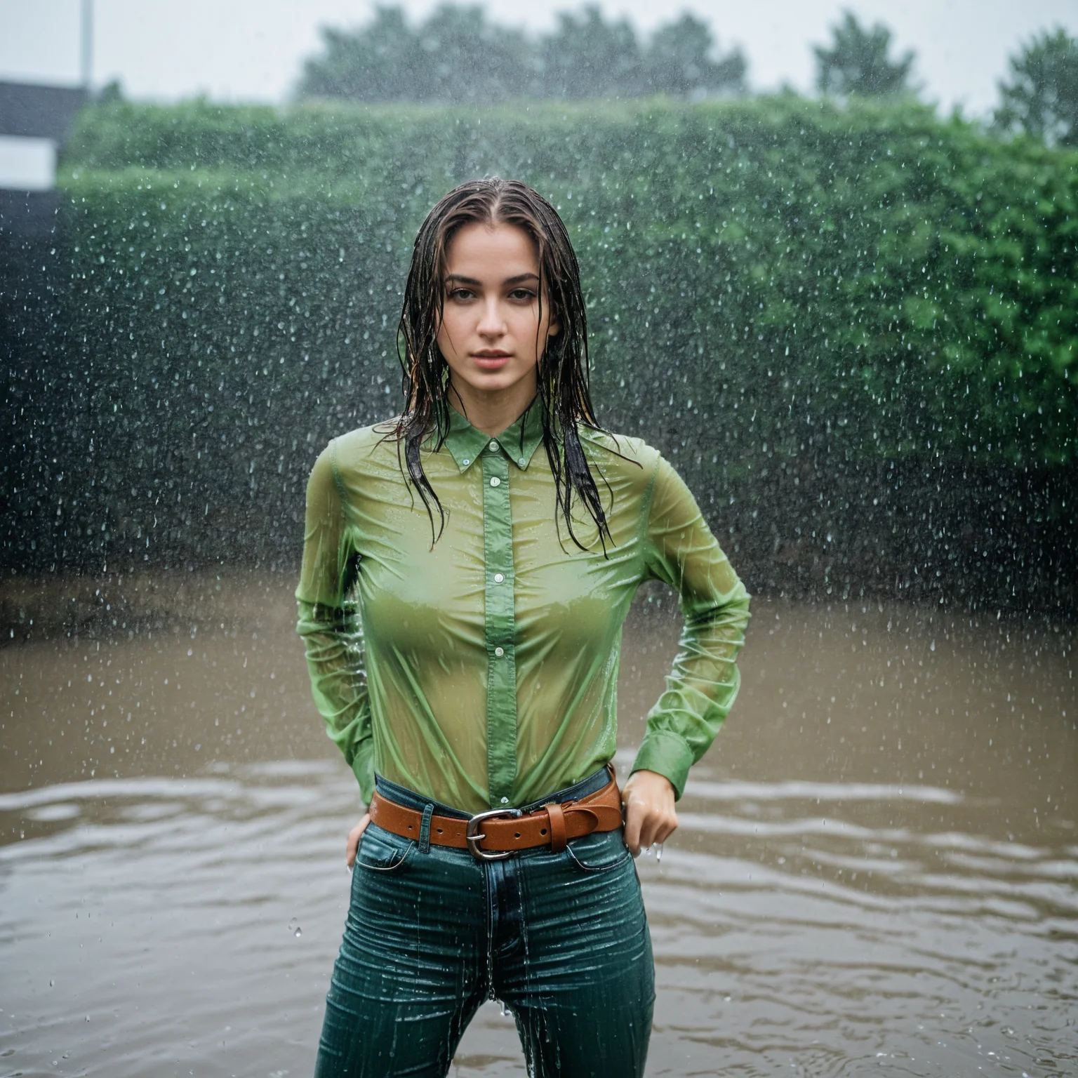 wetgirl, standing in the rain, water drop, wet hair, wet green shirt, shirt tucked into skinny jeans, belt, looking at viewer, photographed on a Fujifilm XT3, 80mm F/1.7 prime lens, cinematic film still, cinestill 500T, highly detailed, masterpiece, highest quality, intricately detailed, HDR, 8k, uhd, photorealistic, <lora:wetgirl_v2:0.75>