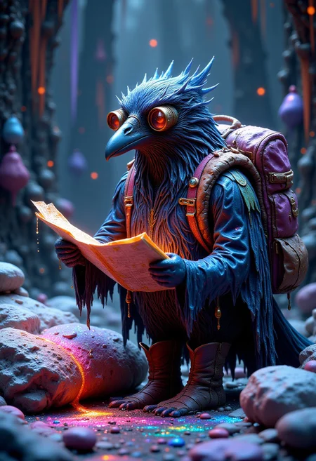 Colorful Chaos Cracks and Drops, A crow wearing vintage aviator glasses on its head and cowboy boots on its feet, leaning against its backpack. It is reading a map, which it has placed on a pillow, In a snowy atmosphere with dark-toned colors, neon reflections shimmer off the crow’s feathers.