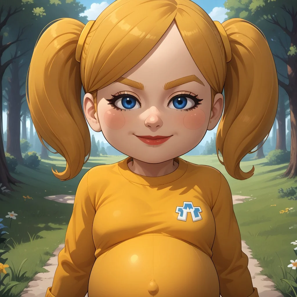 score_9, score_8, BREAK, solo, wii, mii, wii sports, 1girl, female mii, blue eyes, blush, blonde hair, blonde eyebrows, twintails, yellow clothing, white pants, sneakers, nintendo mii, modern_mii, classic_mii, pavika_\(\\oc_mii\\\), breasts, lips, (((pregnant))), adult female, mature female, sexy pose, self portrait, smile, outdoors, sunlight, shadows, evening lighting, natural lighting, forest, trees, grass, orange sky, sunset
