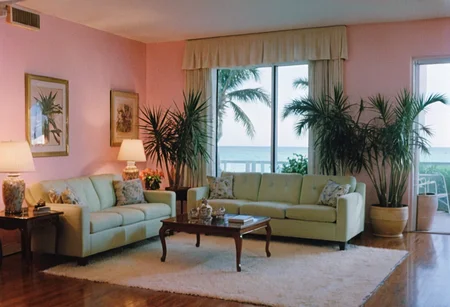 MiamiVice, living room, indoors, highly detailed, 4K, (bright stylish grainy analog 35mm film photo)