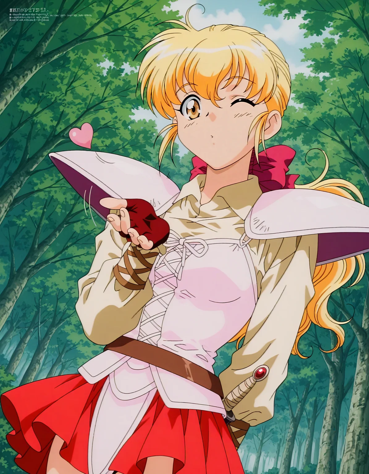 anime artwork <lora:Hyper-SDXL-8steps-lora:1>,(caption:-1.5), (text:-1.5),(logo:-1.5),(key:-1.5),
(magazine:-1.5)
masterpiece,best quality,highres,source_anime,anime screencap,anime coloring,megami magazine,sidelighting,shiny luminous,shiny skin,
<lora:fql_pastel_IL:1>
fql_pastel, long hair,blonde hair,yellow eyes,ponytail,
boots,fingerless gloves,gloves,long sleeves,bow, armor, shoulder armor,pauldrons, ,boots,
,skirt,miniskirt,red skirt,
(solo:1.5),outdoors, forest,
wind lift,(sheath:1.5), (motion lines:1.5),(upper body:1.5), (dutch angle:1.5), , thick thighs,
(solo focus:1.5), (Blowing kiss:1), one eye closed, heart,arm behind back, from below,
. anime style, key visual, vibrant, studio anime, highly detailed