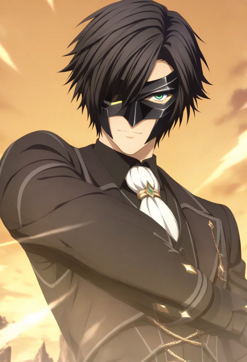 victor (tales), black hair, black mask, one eye covered, green eyes, black jacket, black vest, black shirt, white ascot, black pants, black boots, black gloves, solo, 1boy, upper body