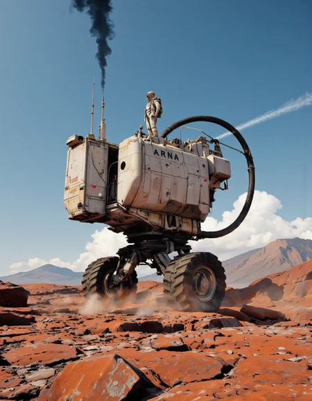 Art by Ronan Le Fur. A digital illustration shoot from a low angle about a lone astronaut standing atop a robotic vehicle on a rocky surface, surrounded by a desert landscape with a clear blue sky and distant mountains in the background. the image also shows a contrail in the sky and a hint of smoke in the air. on the middle of the image, a man, who appears to be in his mid-twenties, is standing on top of a large, metallic, robotic vehicle with a long, curved, black cable extending from the side. the vehicle has the word "ARNA" written on it in bold, white lettering. the man is wearing a full-body, light-colored space suit with a helmet and a backpack. he is facing away from the viewer, giving a clear view of his full body. the ground is covered in red, jagged rocks, and the overall atmosphere is desolate and desolate.