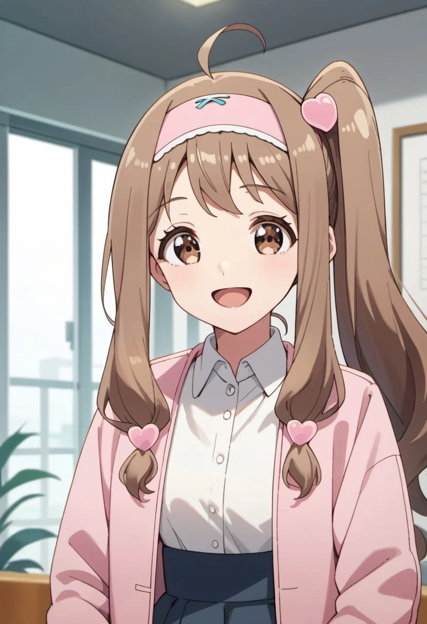 score_9, score_8_up, score_7_up, source_anime, hayase kinue, long hair, brown hair, brown eyes, 1girl, pink jacket, solo, ahoge, hair ornament, shirt, hairband, jacket, smile, collared shirt, white shirt, open mouth, side ponytail, indoors