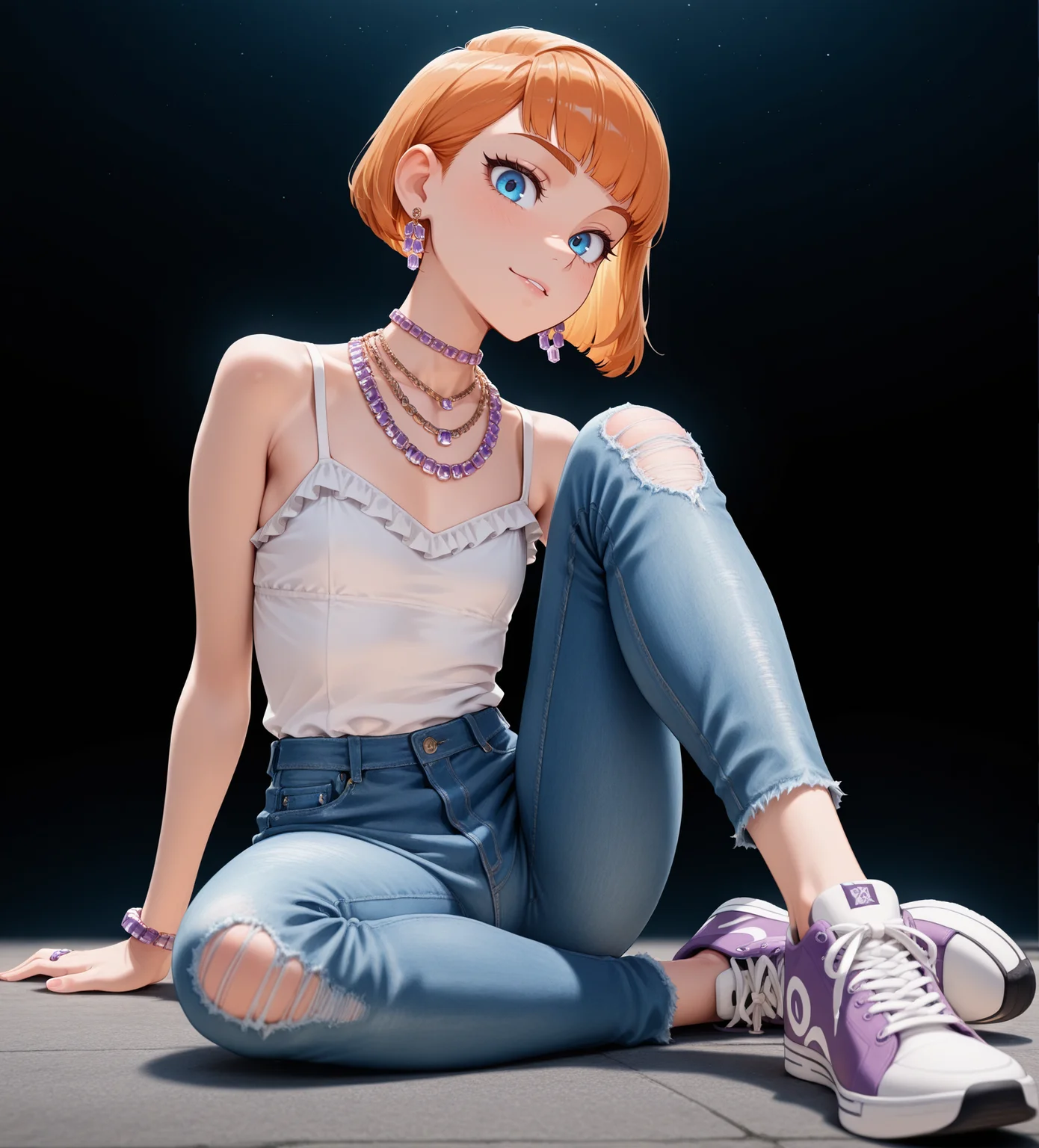 1boy, Rapunzel\(Movie\) style, (Pixar\(movies\):1.1), masterpiece,best quality,amazing quality, volumetric light, newest, Perfect detailed face, solo,
an illustration of an extra skinny femboy, tomboy Trap, Trans girl, shag haircut, bobcut, ginger hair, redhead, flat chest, long_body, thin, (mature, 40yo:1.2), Til blue eyes,
<lora:Swarovski_mathemagical_Purple:0.8> purple jewelry, (necklace, multiple necklaces, choker:1.2), bracelets, rings, white blouse, frills, denim jeans, sneakers, one_knee_up, earrings,
BREAK Masterpiece, best quality, amazing quality, HDR, 4K, volumetric light, newest, Perfect detailed face, Pixar\(movies\), Disney Princess,
