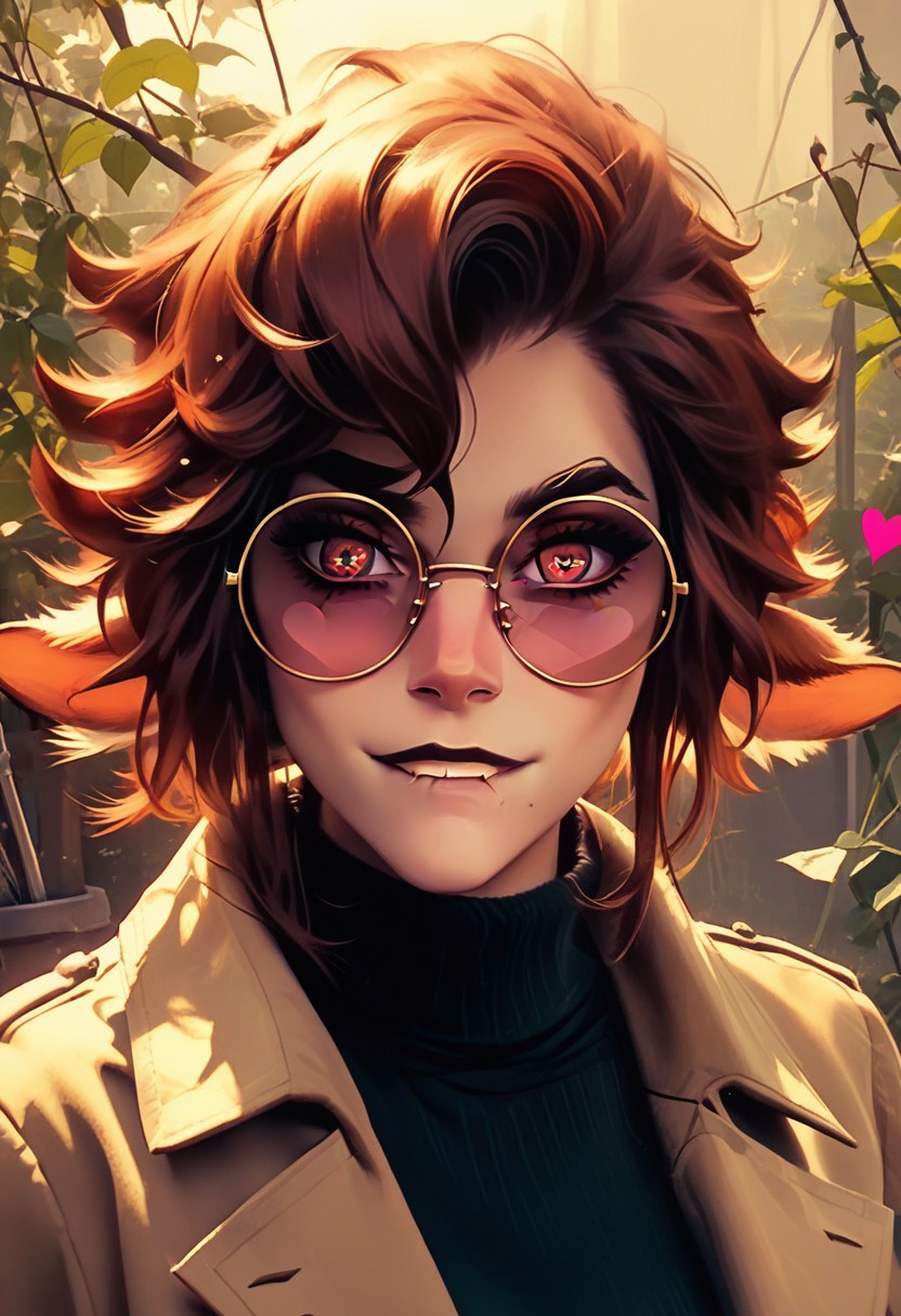 score_9, score_8_up, score_8, 
1girl, solo, female, woman
turtleneck, trench coat, round sunglasses, 
faun, 
heart shaped pupils, narrow eyes, ((lust)), biting lip, 
haze