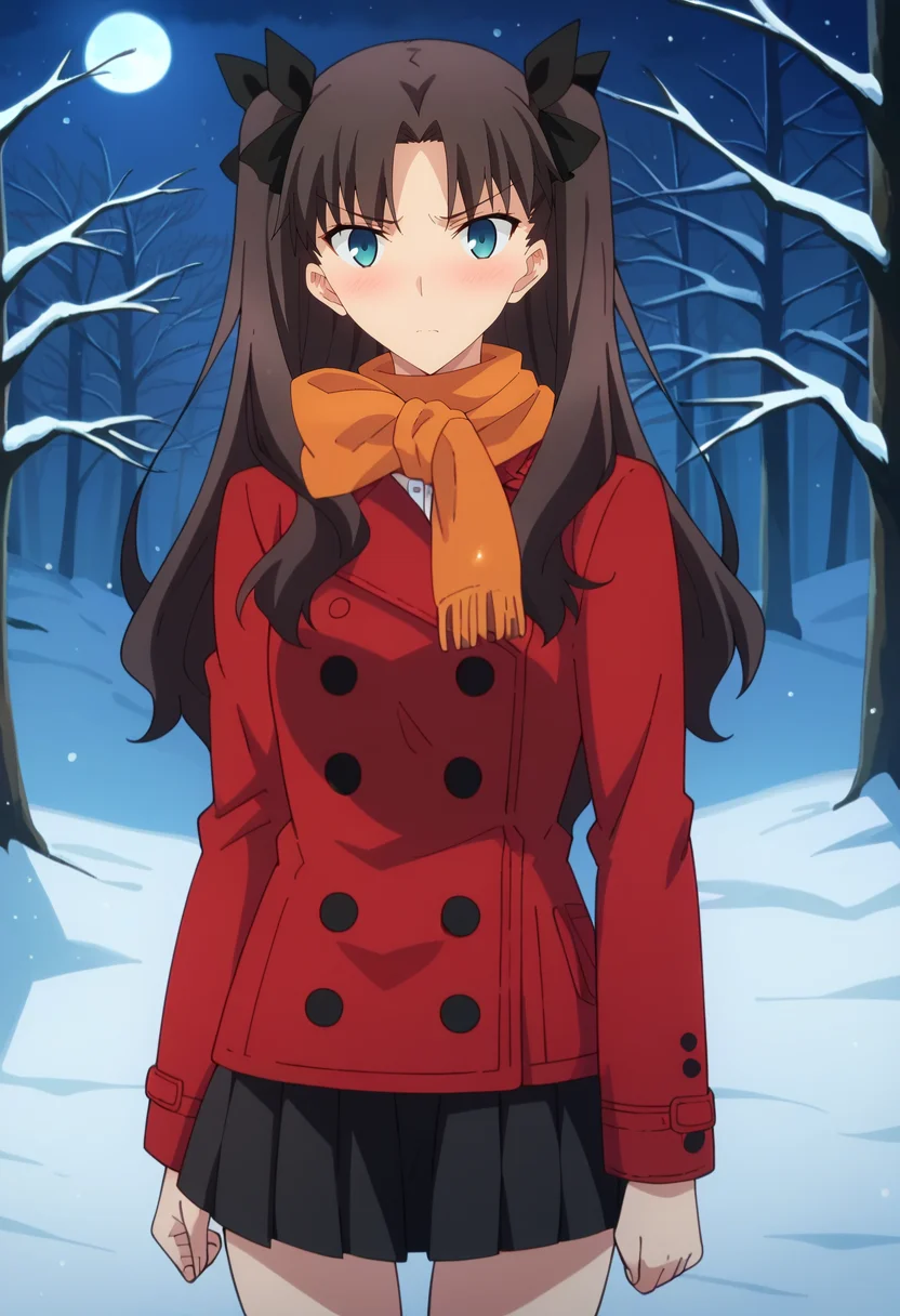 score_4, score_5, score_6, score_9, score_8_up, score_7_up, source_anime,
<lora:FateStayNightUBW_TohsakaRin:0.8>, TohsakaRin,
1girl, closed mouth, blush,
brown hair, two side up, parted bangs, blue eyes, hair ribbon,
RinCoat, red coat, black skirt, long sleeves, pleated skirt, orange scarf, buttons,
looking at viewer, thigh gap,
night, forest, snow, moon