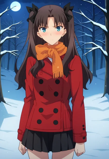 score_4, score_5, score_6, score_9, score_8_up, score_7_up, source_anime,
<lora:FateStayNightUBW_TohsakaRin:0.8>, TohsakaRin,
1girl, closed mouth, blush,
brown hair, two side up, parted bangs, blue eyes, hair ribbon,
RinCoat, red coat, black skirt, long sleeves, pleated skirt, orange scarf, buttons,
looking at viewer, thigh gap,
night, forest, snow, moon