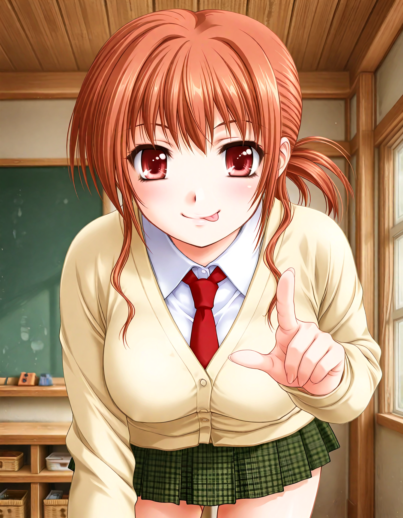 (1girl, solo:1.3), (2girls, 3girls, 4girls, multiple girls, 2boys, 3boys, 4boys, multiple boys:-1.5) <lora:Kazuyagi_Akane_Gore_Screaming_Show_Illustrious:0.9>, Kazuyagi_Akane, large breasts, red eyes, brown eyes, brown hair, long hair, low ponytail, school uniform, cardigan, long sleeves, white shirt, red necktie, pleated skirt, plaid skirt, checkered skirt, white legwear, smile, (tongue out:0.7), (half-closed eyes:0.7), general, contrapposto, dynamic pose, pointing at viewer, portrait, straight-on, pov, , (close-up, face focus:1.2), indoors, <lora:NOOB_EPSv1_1_detailer_by_vlnvk_v1_0:1.5>, (photo background:0.7), evening, (tachibana yuu:0.6), inue shinsuke, (kazuma muramasa:0.0), saikawa yusa, (aoi manabu:0.6), abarerumidori, (suzui narumi:0.6), masterpiece, newest, absurdres, 8K, anime screenshot, anime coloring, flat color, official art, film grain, <lora:illustriousXLv01_stabilizer_v1.185c:0.7>, <lora:LECO_Solo:-4.0>,