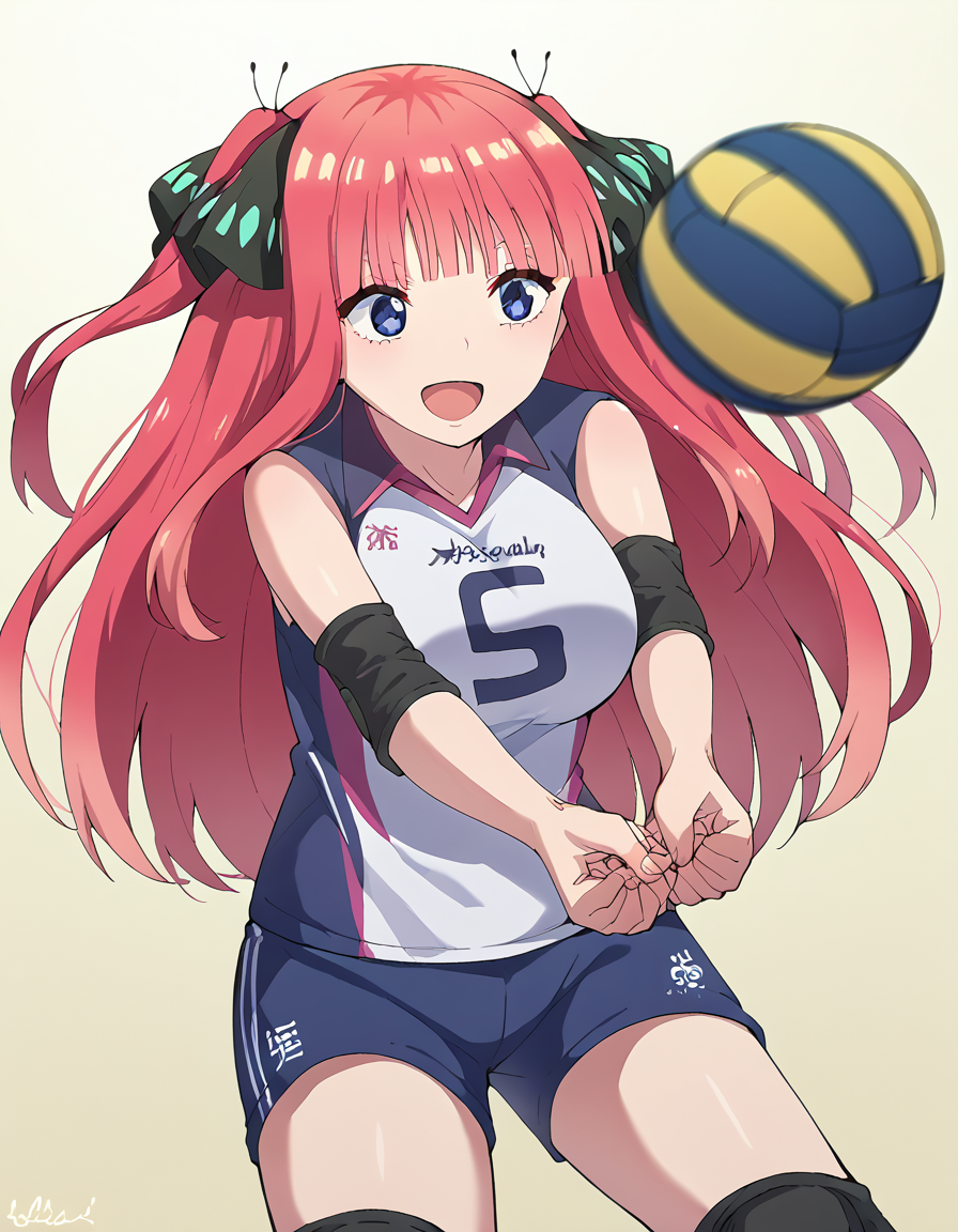 score_9, score_8_up, score_7_up, source_anime, <lora:nnakano-s2-ponyxl-lora-nochekaiser:1>, long hair, bangs, blue eyes, hair ornament, hair ribbon, pink hair, blunt bangs, two side up, butterfly hair ornament, large breasts,, <lora:bump-volleyball-ponyxl-lora-nochekaiser:1> bump volleyball, bump (volleyball), volleyball, volleyball (object), outstretched arms, own hands together, clenched hands, open mouth, smile,, <lora:volleyball-uniform-ponyxl-lora-nochekaiser:1> volleyball uniform, sportswear, elbow pads, elbow sleeve, knee pads, sleeveless, shorts, short shorts,, cowboy shot,