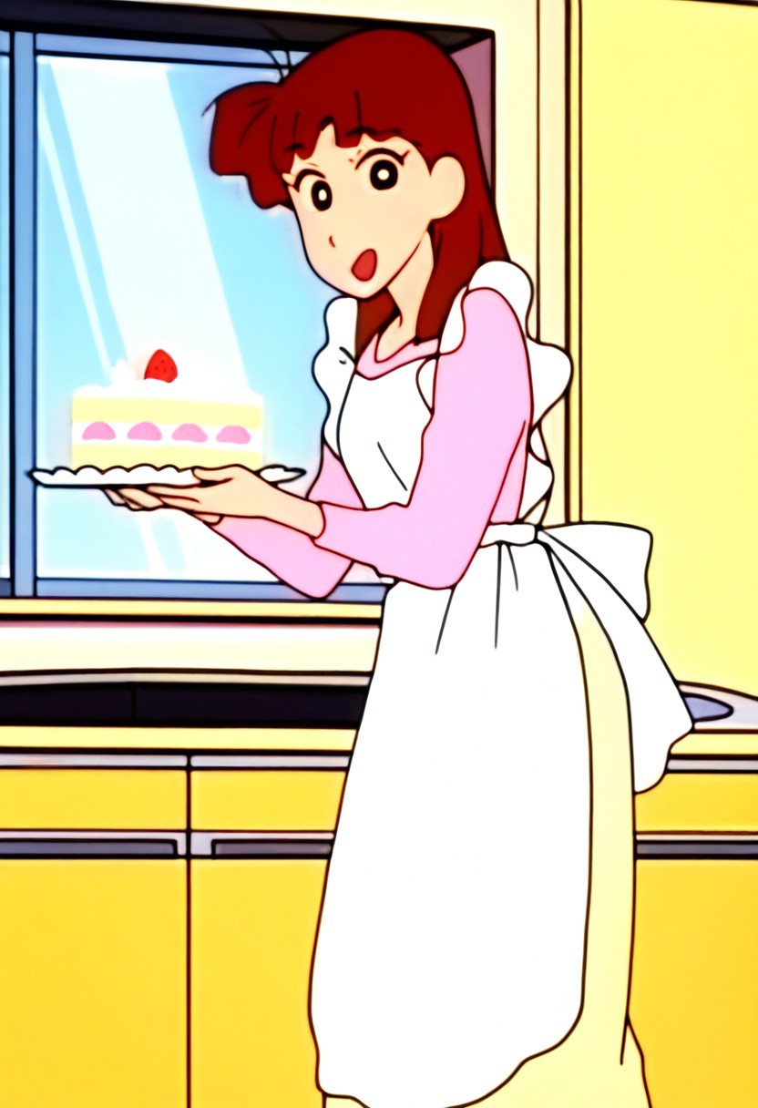 best quality, masterpiece, anime screencap, anime coloring, ultra detailed, source_anime, intricate details, perfect anatomy, sakurada moeko, long hair, brown hair, black eyes, bang, blunt bangs, 1girl, solo, long sleeves, shirt, pink shirt, yellow skirt, long skirt, legs, shiny smile, open mouth, looking at viewer, apron, white apron, cake, solo, food, window, strawberry shortcake, holding, kitchen, cake slice, plate, indoors