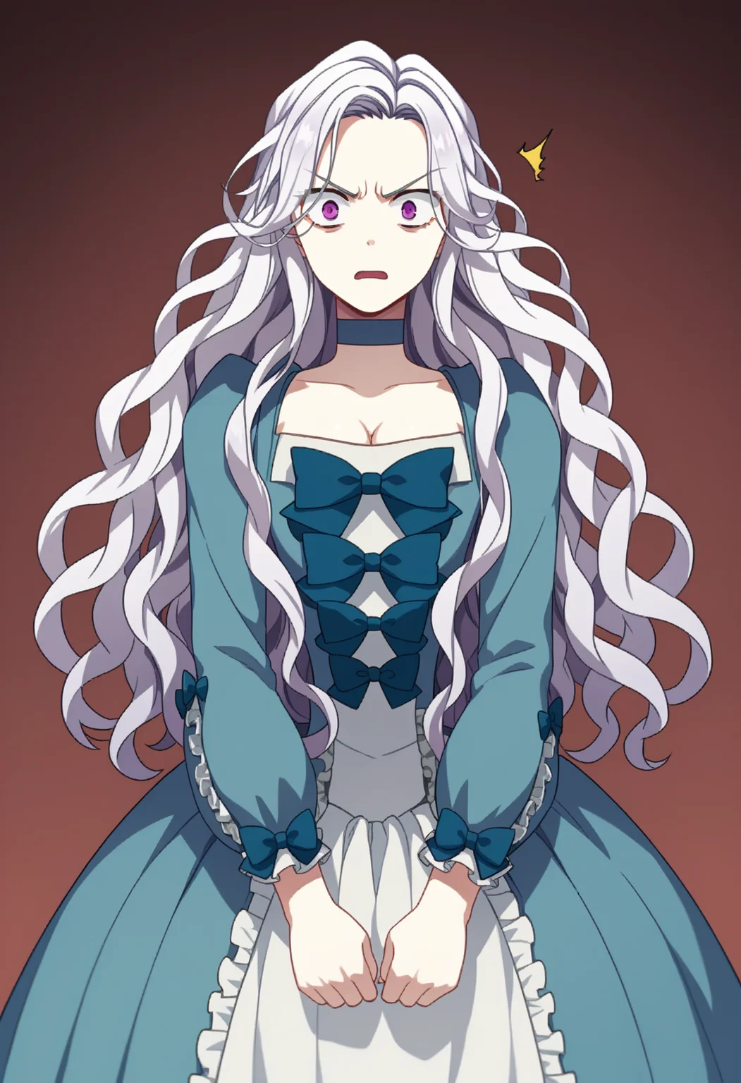 score_9, score_8_up, score_7_up, source_anime,
BREAK
1girl, solo, <lora:shiAbiMomV1:0.9>,
shiabidef, vnstyle,
white hair, purple eyes, long hair, wavy hair,
blue dress, frilled dress, frilled sleeves, long sleeves,
blue choker, blue bow, cleavage, long dress,
looking at viewer, expressionless, angry, open mouth, surprised,