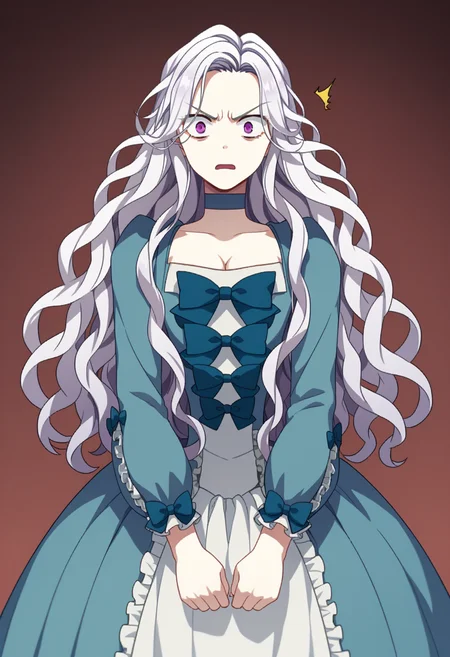 score_9, score_8_up, score_7_up, source_anime,
BREAK
1girl, solo, <lora:shiAbiMomV1:0.9>,
shiabidef, vnstyle,
white hair, purple eyes, long hair, wavy hair,
blue dress, frilled dress, frilled sleeves, long sleeves,
blue choker, blue bow, cleavage, long dress,
looking at viewer, expressionless, angry, open mouth, surprised,