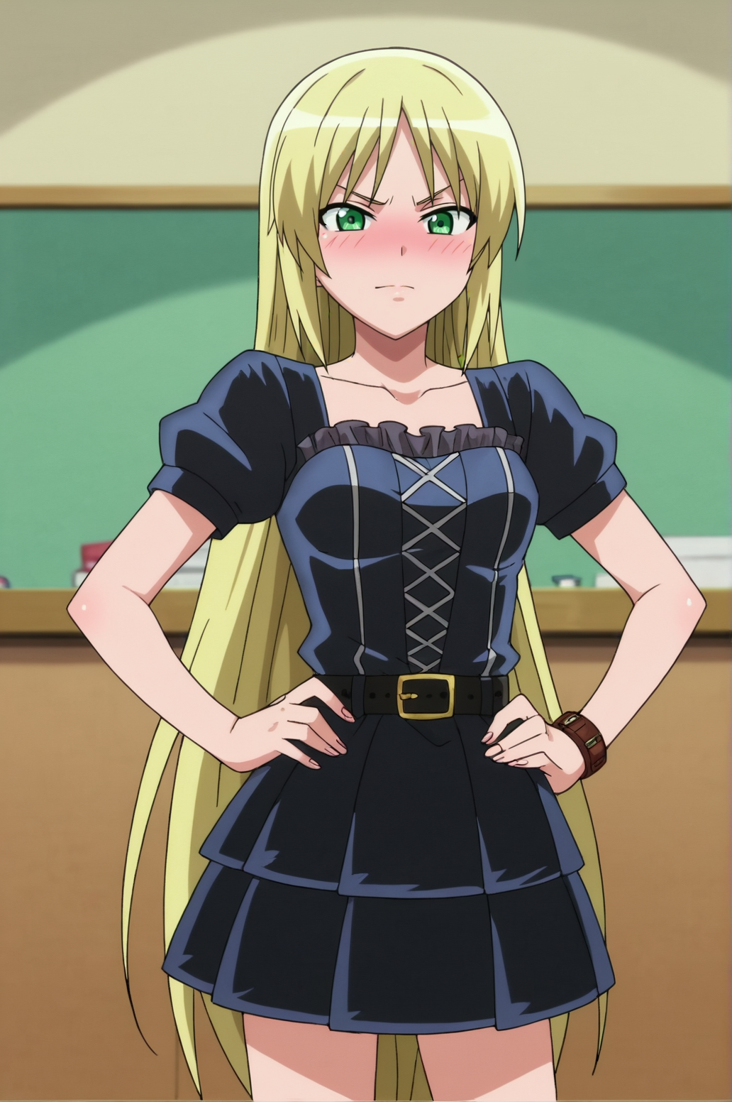 score_9, score_8_up, score_7_up,anime_source, source_anime, best background, detailed background, anime screencap,  Kuroi Sena, Main Outfit, indoors, blush, horny, naughty face, hands on hips, <lora:JN_Kuroi_Sena:0.8>