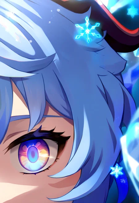 masterpiece,best quality,amazing quality, 1girl, ganyu(genshin_impact) close-up,
portrait, eye focus, icy_blue_palette, high_saturation, 
cryo_crystal_glow, qilin_horn_aura, floating_snowflakes,
<lora:people's_work:0.3> <lora:DetailedEyes_V3:0.9> <lora:MeMaXL4:0.8>