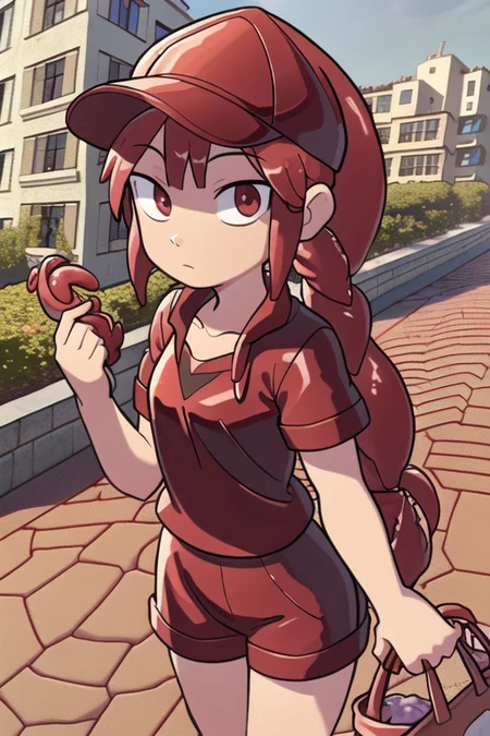 <lora:TFMJellyMage:1> Jellymage delivering a fruit basket to an apartment, rose bush, sidewalk, clear day, birds in the air, trucker cap, facing front, very long ponytail,