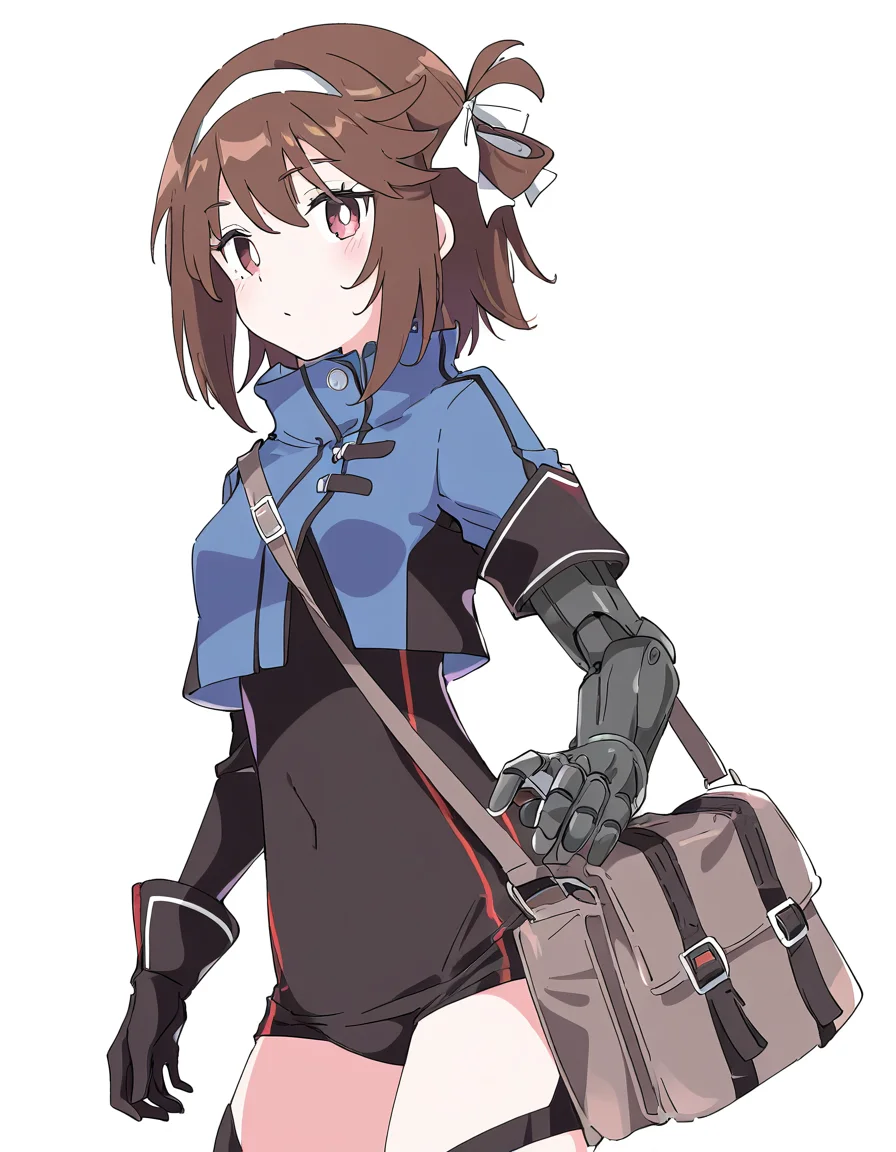 1girl,solo,white background,(simple background:1.1),cowboy shot,type79,single mechanical arm,<lora:type79-000012:0.7>,, masterpiece, best quality, very aesthetic, absurdres,newest, incredibly absurdres,, (Ixy:0.6)),(hiten \(hitenkei\):0.7),
