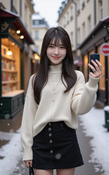A 20-year-old girl in a white sweater and a black knee-length skirt holds a camera,taking a selfie on a snowy street in a small Parisian town. Behind her,a charming gift shop with a warmly lit display window adds a cozy atmosphere. Snowflakes gently fall around,creating a dreamy winter scene. The image is captured in an ultra-photorealistic style,with soft natural lighting,crisp details,and a cinematic depth of field. Her expression is natural and joyful,reflecting the serene beauty of the moment.,
<lora:baby-base-01-flux:0.8>,baby,long black hair,bangs,she has a slender physique and a petite build,