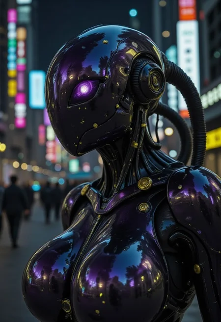 a image showing the whole body of an alien ant woman. She is deep within the image. Her body is clad in a sleek, form-fitting suit of armor that shimmers with iridescent colors—predominantly deep purples, blues, and hints of gold and pink. Her limbs are very thin and excessively long. The suit appears to be made of a smooth, almost metallic material that reflects light, suggesting a technologically advanced design. Intricate detailing on the suit adds to its futuristic aesthetic, with flowing lines and subtle patterns etched into the surface.
The alien's head is covered by a helmet-like structure that incorporates the same iridescent hues as her suit. The helmet has a smooth, rounded top with a more angular structure around her face. Glowing purple accents are visible around her eyes, emitting a soft, ethereal light. Her face is humanoid yet alien with delicate features. Circular, golden-hued elements are attached to the helmet's sides, possibly functioning as technological components.
The background is blurred, but shows a bustling, neon-drenched urban environment, futuristic city at night. Bright, multicolored lights of various intensities illuminate the background, suggesting busy street scenes and signs. The background is slightly out of focus.
The overall atmosphere is one of futuristic fantasy. The color palette is rich and saturated, emphasizing the glossy, almost otherworldly quality of the surroundings.
FuturEvoLab_Green, futuristicportrait.
