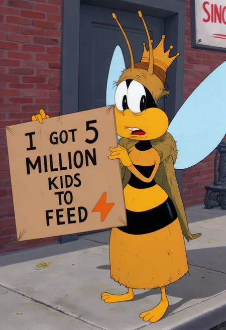 l00ney, "A cartoonish, ragged version of a Queen Bee character in the style of old Looney Tunes animations. She stands on a street corner, looking disheveled and slightly frazzled, her once-regal crown crooked and her antennae bent. Her large, tattered wings droop as she holds up a cardboard sign that reads 'I Got 5 Million Kids to Feed' and SuchBuzzLogo symbol in messy, handwritten letters. Her eyes are wide and pleading, with a comical mix of desperation and humor. She’s dressed in a worn-out, patched-up royal robe that hangs loosely off her tiny bee body, and her feet are bare. The background shows a rundown, urban environment, with a few cracked buildings and scattered trash. The color palette is muted, with earthy tones dominating the scene, adding to the comedic, downtrodden atmosphere."