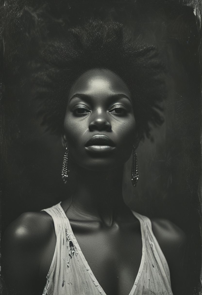 medium shot, dark photo, a evocative medium shot of a beautiful african woman