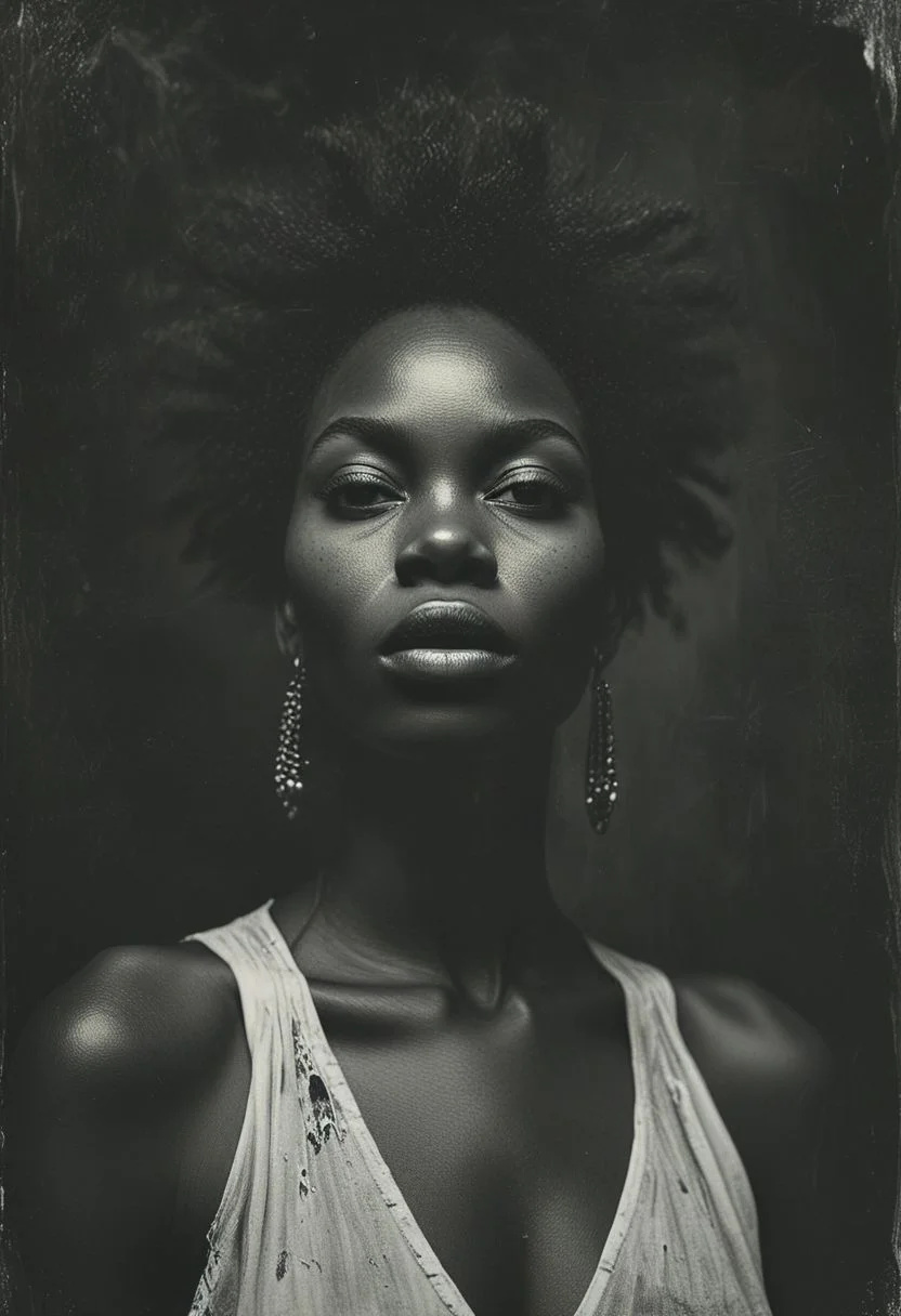 medium shot, dark photo, a evocative medium shot of a beautiful african woman