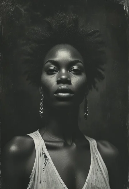 medium shot, dark photo, a evocative medium shot of a beautiful african woman