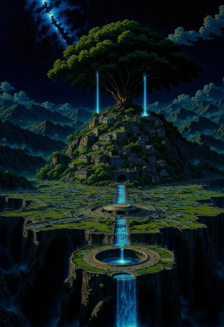 AnimeSky style, anime style, high lighting, Futuristic style city, octagonal shaped and with canals that connect in the center of the city, the central focus is a large tree that emanates a blue light, a labyrinth surrounds the tree and connects with eight bridges between the canals towards the city, this will have some large squares and houses, the sky would be at night where the Milky Way is clearly seen
high quality, best quality, masterpiece, high definition, high resolution